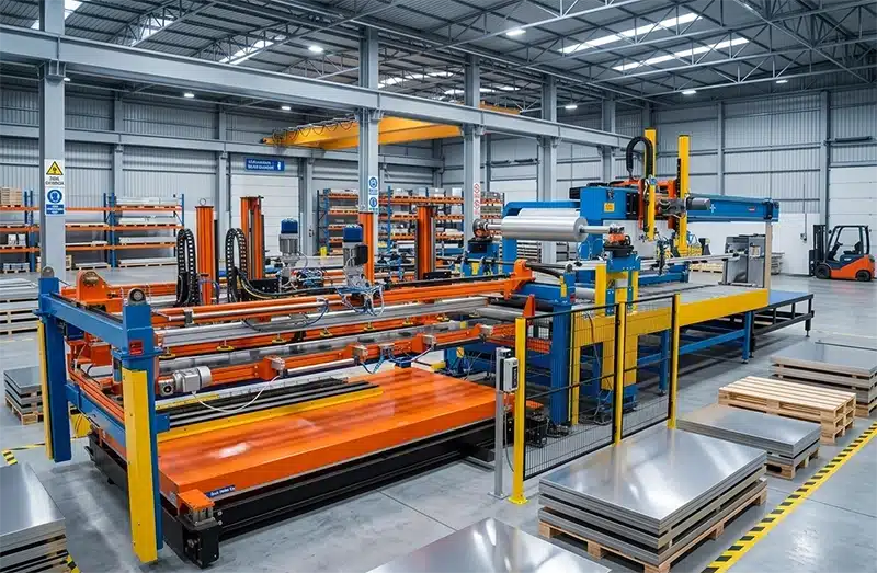 linea di preparazione pacchi di alluminio formato max 3000x1500x10mm e formati più stretti su unico bancale con plastificatrice incorporata